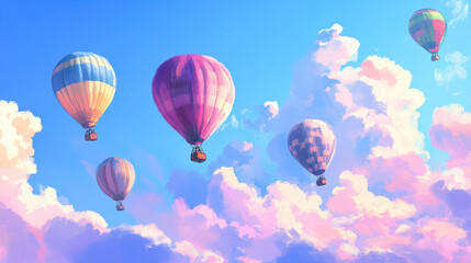 Fototapeta premium Colorful Hot Air Balloons Soaring Amidst Fluffy Clouds in a Clear Blue Sky