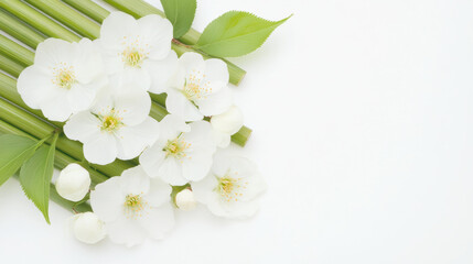 White Blossoms and Green Stems on Minimalist Background