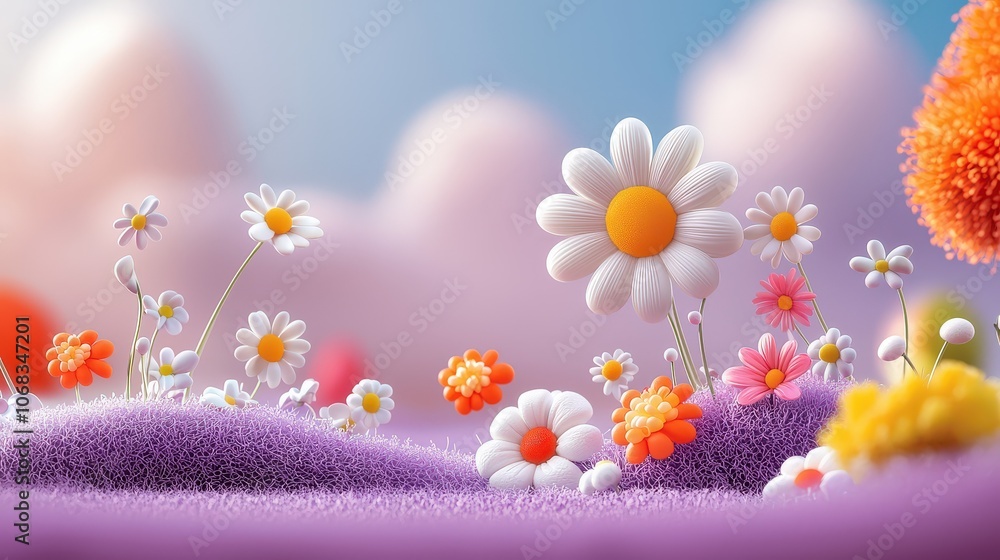 Poster a playful floral background with bright colors and whimsical patterns, ideal for creating fun visual