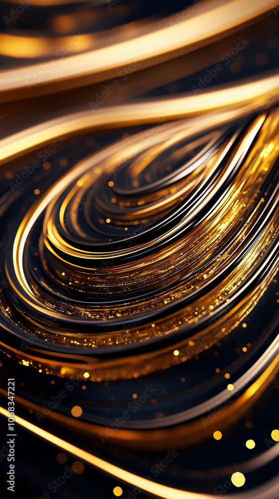 Poster golden swirling patterns intertwined with sparkling highlights on a dark surface create a mesmerizin