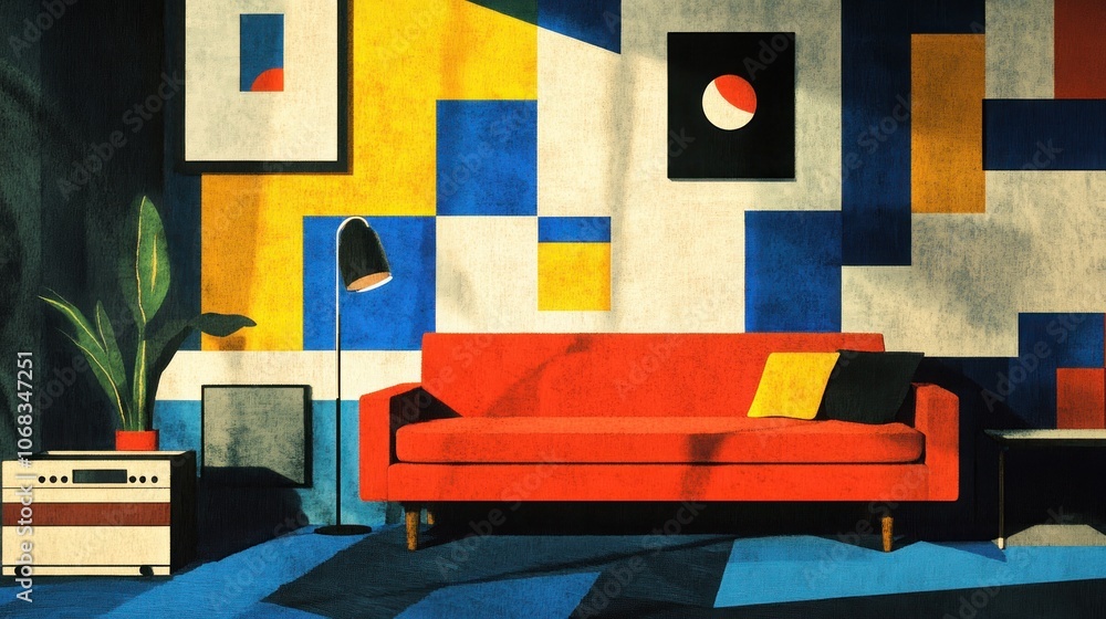 Poster a red sofa sits in a room with a geometrically patterned wall and a single lamp. the walls are paint