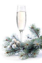 Christmas still life with champagne glass and festive decorations on white background with glitter sparkle bokeh. New Year and Christmas holiday template for design, celebration, congratulation.