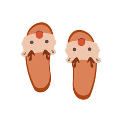 Cozy domestic slippers. Home soft and comfy footwear, fluffy slippers, flip flops and male and female textile house shoes flat vector illustration . Indoor footwear collection isolate on white .
