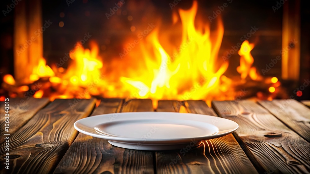 Poster elegant bokeh effect of an empty white mockup plate with a burning liquid on a rustic brown wooden t