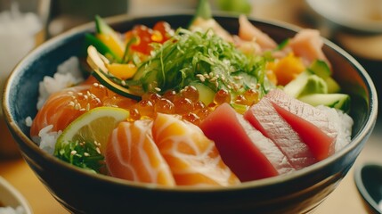 A bowl of chirashi, sushi rice topped with assorted sashimi, pickles, and vegetables.


