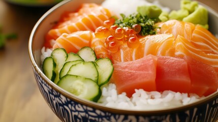 A bowl of chirashi, sushi rice topped with assorted sashimi, pickles, and vegetables.


