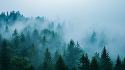 Fototapeta premium Misty morning in a dense forest where towering pine trees stand shrouded in fog, creating an ethereal atmosphere at dawn