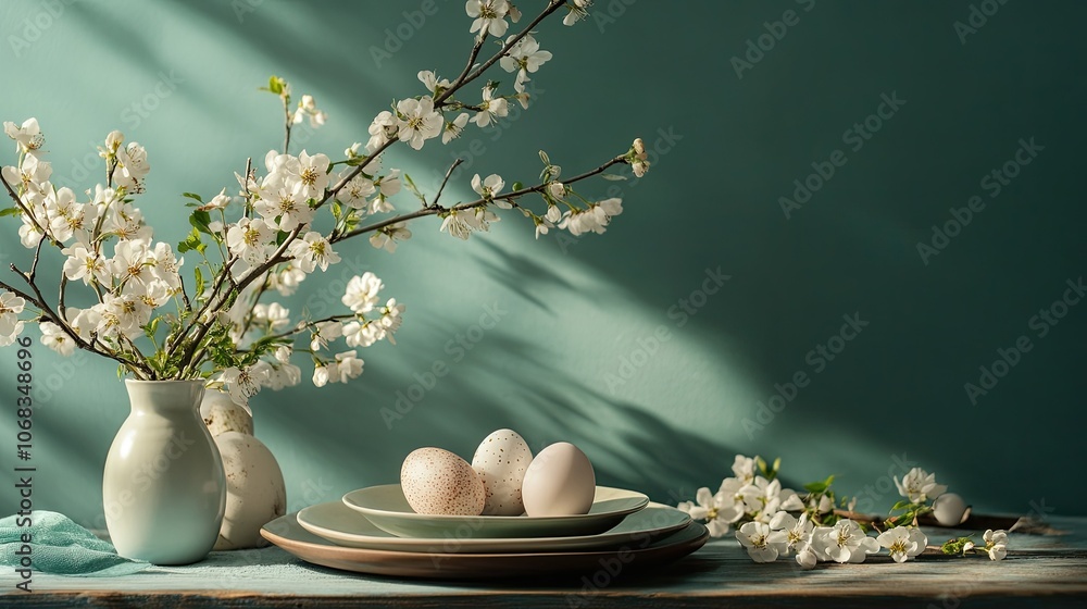 Poster Elegant Table Setting with Eggs and Blossoming Branches