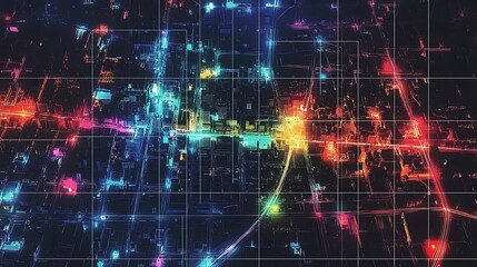 Abstract Cityscape with Neon Lights and Grid Pattern