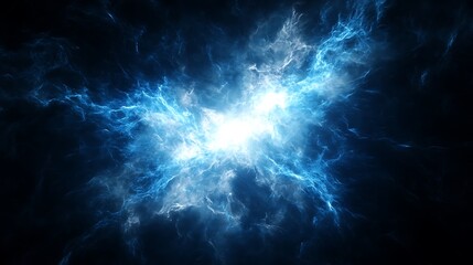 Surging electric thunder bolts on a deep dark background, dramatic and intense with bright white and blue lightning, realistic texture