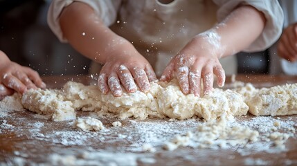 Children's hands kneading dough in a fun, messy kitchen setting.