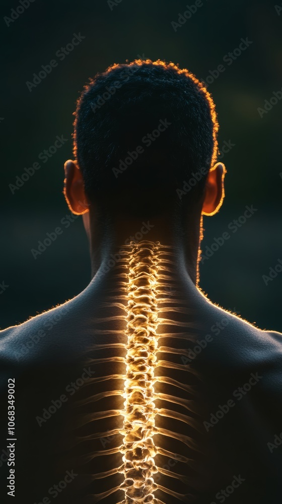 Poster Man showing glowing spinal column with back pain, highlighting human anatomy complexity. Image emphasizes importance of proper care for managing back pain and promoting health