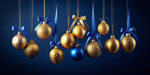Elegant Christmas and New Year Decorations with Golden and Blue Glass Balls on Navy Blue Background, Perfect for Holiday Celebrations and Festive Greetings