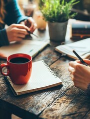 Coworkers collaborating on a project, with coffee mugs and notebooks, cozy ambiance