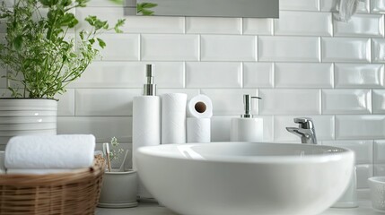 Fototapeta premium Modern Bathroom with Elegant White Decor and Fixtures