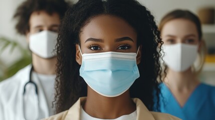 Medical staff wearing masks, standing attentively in a hospital corridor, focused and prepared for duty, conveying professionalism and readiness.