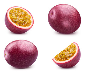 Passion collection. Passion clipping path. Organic passion fruit macro studio photo. Full depth of field