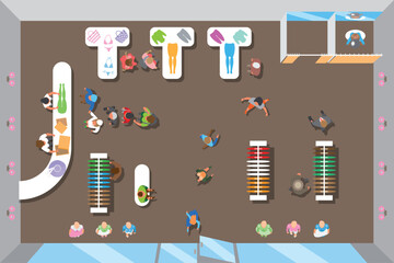 Top view of a clothing store, counters, hangers, tables, fitting rooms, sellers, buyers. View from above.