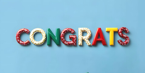 Congrats! illustration features retro-style lettering, perfect for an invitation card. on sky blue background.