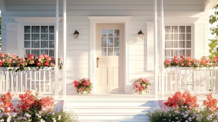 Naklejka premium Elegant white house with a fawn door and colorful porch flowers.