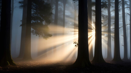 Sunrise in a forest covered in fog in nature
