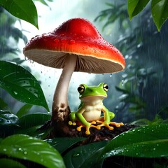A frog resting beneath a mushroom in a rainy woodland scene, illustrated in a charming style.