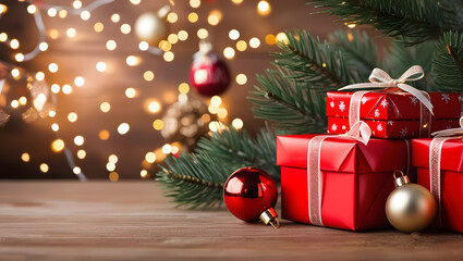 Christmas gift box on luxury background, banner layout. AI generation.