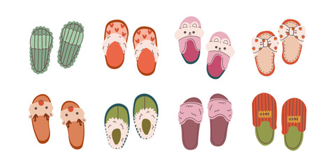 Cozy domestic slippers. Home soft and comfy footwear, fluffy slippers, flip flops and male and female textile house shoes flat vector illustration . Indoor footwear collection isolate on white .
