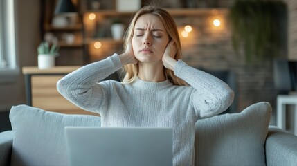 Young woman is sitting on a sofa with her laptop and holding her neck in pain, suggesting the negative impact of remote work on health