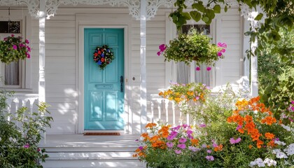 Elegant white home with cerulean door and colorful porch flowers on a sunny day.