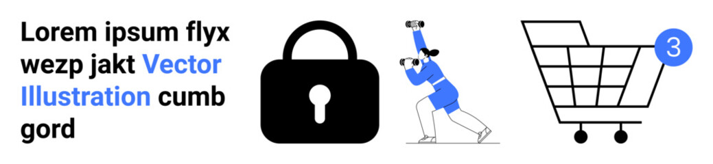 Bold black lock, person with binoculars in blue, and shopping cart with a blue notification circle. Ideal for cybersecurity, e-commerce, privacy, surveillance, online shopping, notifications