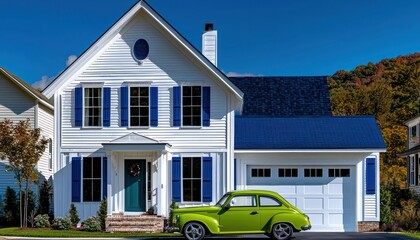 White and blue townhouse, lime green car, West Virginia, sunny and fresh.