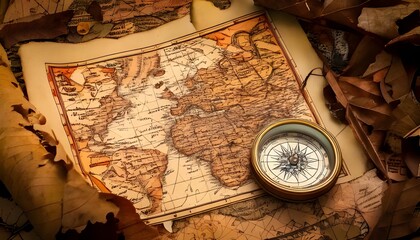 Naklejka premium Old compass on an old map