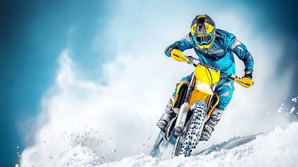 Snow biker speeding through powder snow, dynamic motion and vibrant colors.