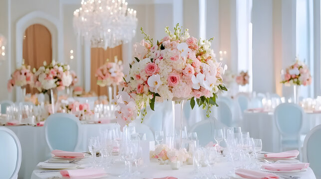 Elegant wedding decoration with floral arrangements and soft colors