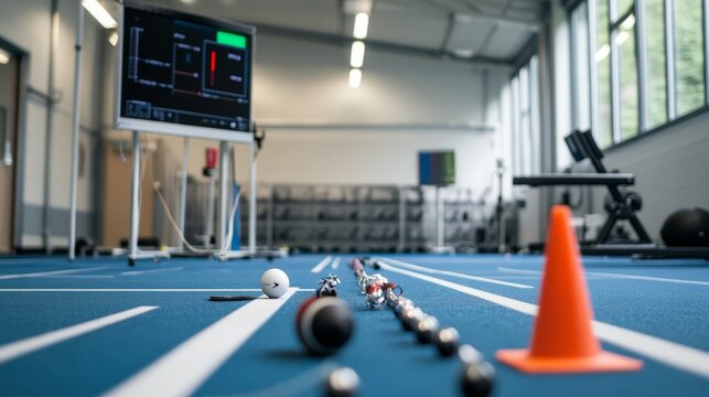 A blue track with white lines and orange cones in a gym setting, with a white ball and a monitor displaying data, used for sports performance testing