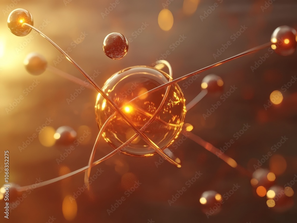 Wall mural abstract 3d illustration of a golden atomic structure with a glowing nucleus surrounded by orbiting 