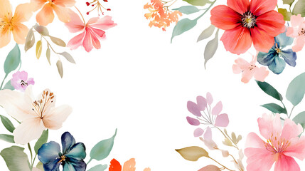 Obraz premium Vibrant floral border design with colorful watercolor flowers and leaves