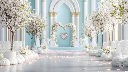 charming wedding stage with white and blue decor, featuring floral arrangements and heart