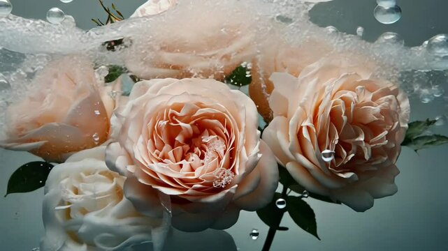A bouquet of delicate pink roses is submerged in water, with bubbles rising around them