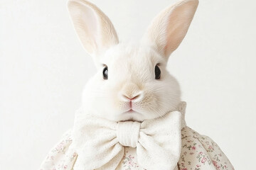 Obraz premium Cute white rabbit wearing floral dress with bow tie in pastel background