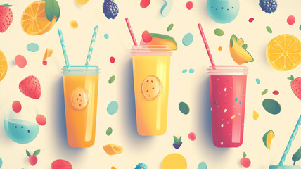 Summer Smoothie Delight: Three vibrant smoothies with straws, surrounded by a colorful array of fresh fruits, creating a refreshing and delicious visual treat.