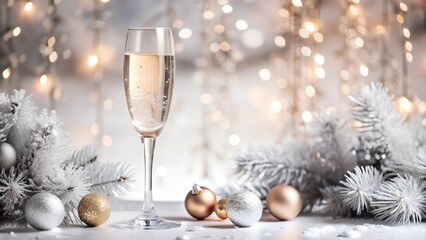 Christmas still life with champagne glass and festive decorations on light white silver background with glitter sparkle bokeh. New Year and Christmas holiday template for celebration, congratulation.