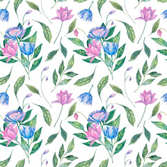 Cotton fabric Elegant watercolor seamless pattern with hand drawn pink, blue and purple flowers, green leaves. Ideal for wedding invitation, textile, wallpaper, and stylish decor. Perfect for nature inspired design