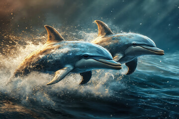 Obraz premium Two dolphins jumping out of the water