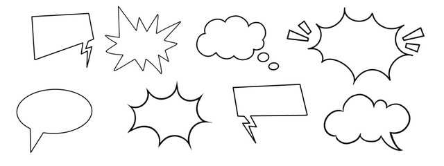 Comic empty Speech bubbles and frames. Doodle dialog line boxes for thoughts, text, announcement, idea, news. Clouds, blast, explosion, communication windows design elements. vector sketch  