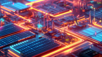 Obraz premium Futuristic Cityscape: A mesmerizing aerial view of a futuristic city, illuminated by vibrant neon lights, showcasing a complex network of interconnected structures and advanced technology. 