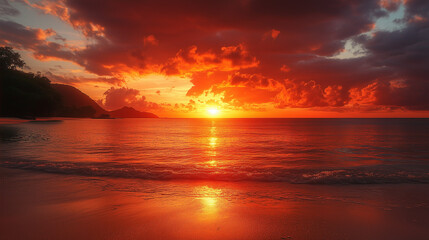 Obraz premium The setting sun spills red and orange hues across the water, creating a fiery reflection on its surface.