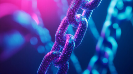 Cyberpunk Chain Link: Close-up of a metallic chain, illuminated by vibrant pink and blue neon lights, creating a futuristic, cyberpunk aesthetic.  The image evokes themes of connection, strength.