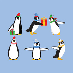 Penguin with Holiday Winter Attributes Cute Simple Flat Vector Set Collection
